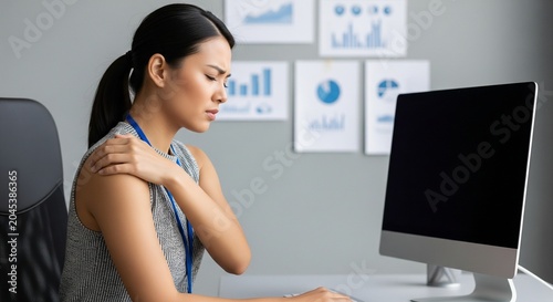 Woman with Shoulder Pain at Office Desk with Computer and Charts