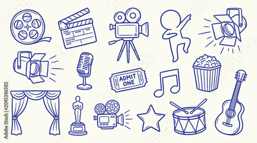 Collection of hand-drawn icons representing film, music, and performance arts.