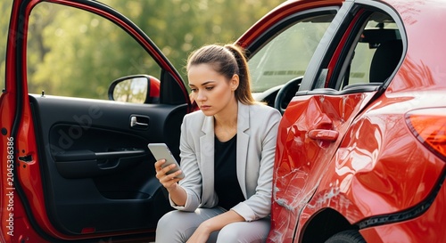 Woman with smartphone sitting in damaged red car after accident