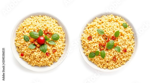 Two Fresh Couscous Bowls with Basil Leaves and Red Pepper Flakes