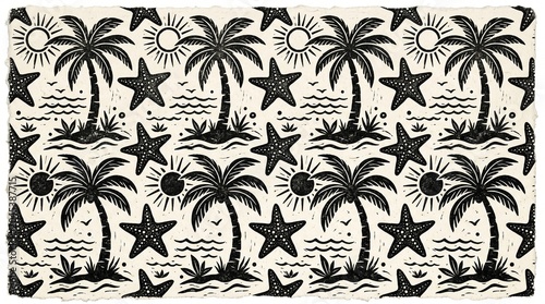 Tropical Linocut Pattern with Palm Trees and Starfish