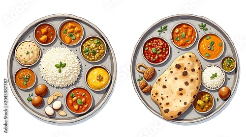 Two Indian Thali Plates with Rice and Bread