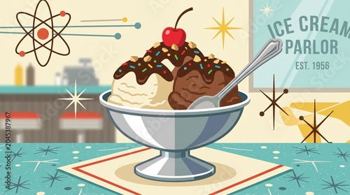 Retro Ice Cream Sundae in Vintage Diner Setting