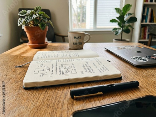 Notebook on desk with pen workspace and productivity concept