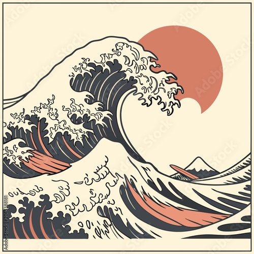 Japanese style ocean wave illustration with red sun and mountain peak background vintage oriental art design element for poster and greeting cards