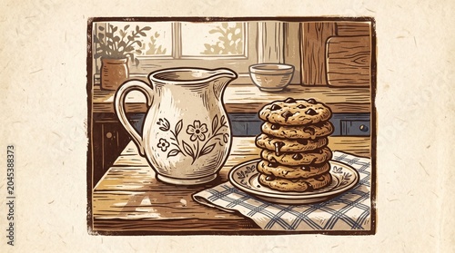 Vintage Illustration of Cookies and Pitcher on Table