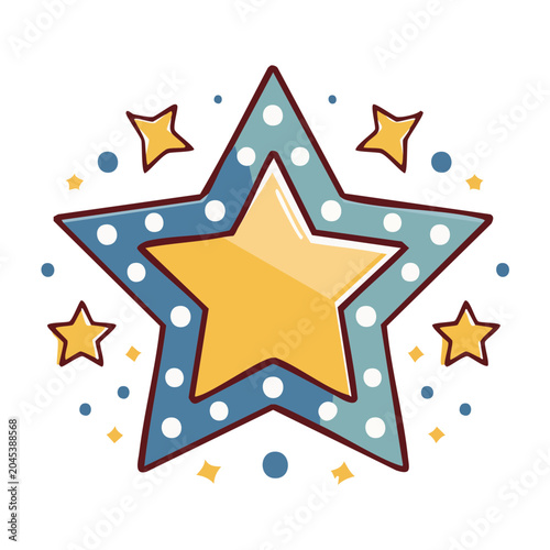 Yellow and blue star illustration with small stars and dots