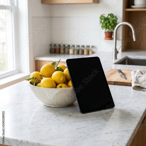 Modern Kitchen Countertop with Lemons and Tablet