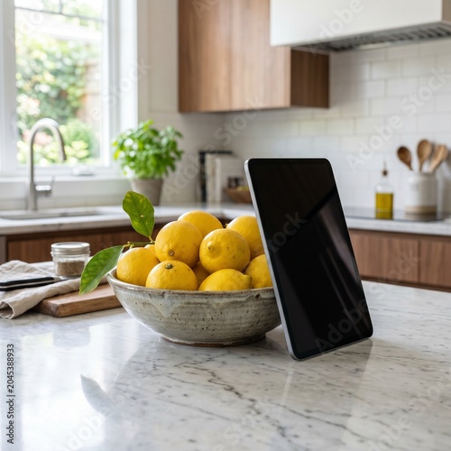 Modern Kitchen Countertop with Lemons and Tablet
