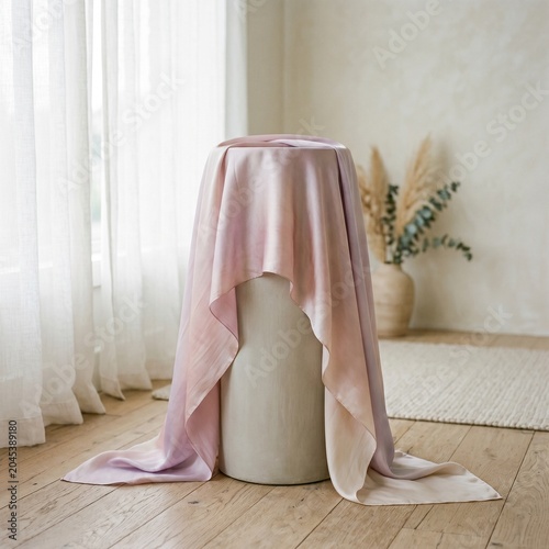 Pink Silk Fabric Draped over Ceramic Stool in Cozy Room