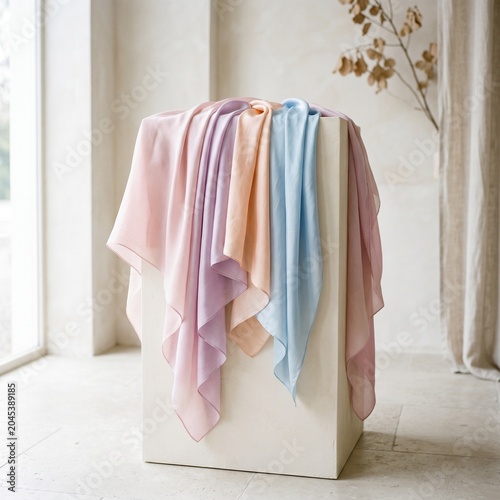 Pastel Silk Scarves Draped on White Pedestal
