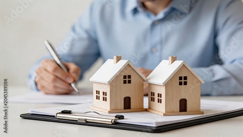 Close up of wooden house models on clipboard with contract documents while person signs agreement in background, depicting real estate property purchase mortgage loan deal or