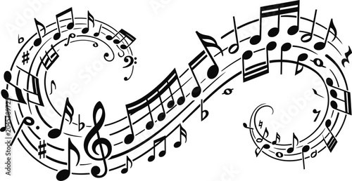 Bild auf Leinwand Black and white musical notes swirl in a flowing abstract composition