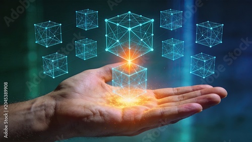 Hand holding glowing digital blockchain network structure representing cryptocurrency technology, decentralized data security and future financial innovation concept