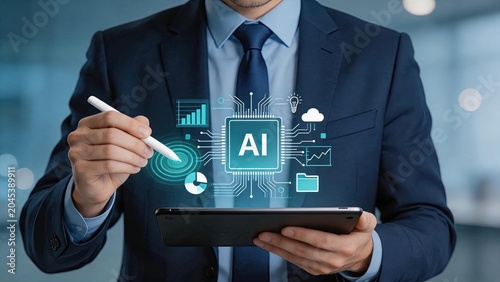 Businessman interacting with artificial intelligence AI chip interface on tablet displaying analytics charts cloud computing and neural network technology concepts
