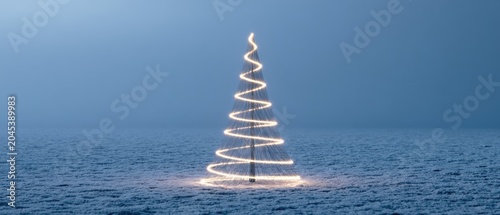 Spiral Light Christmas Tree on Snowy Landscape with Frosty Blue Background