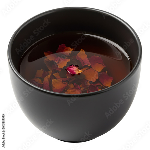 Dark tea bowl with floating rose petals and bud in warm light isolated on white background