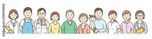 高齢者夫婦と家族と医師と看護師と介護士とケアマネージャーと栄養士が集合した上半身イラスト
