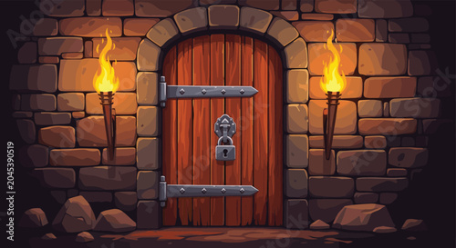 Heavy arched wooden door set in a thick stone wall is secured with a large lock and illuminated by two burning wall torches.