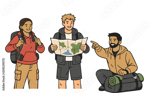 Cartoon illustration of a group of happy backpackers planning an adventure trip.