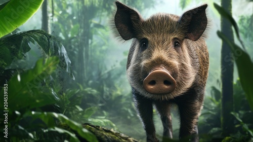 Wild Boar in Lush Jungle Environment Surrounded by Tropical Foliage