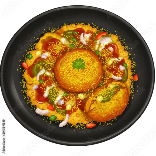 Delicious indian chaat platter with crispy fried snacks and garnishes isolated on white background