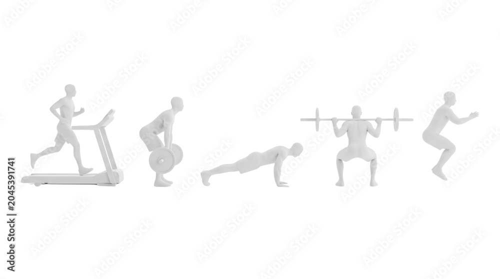 Fototapeta premium Gym Workout Exercises Set with Grey Silhouettes of Treadmill Running Pushups and Lifting