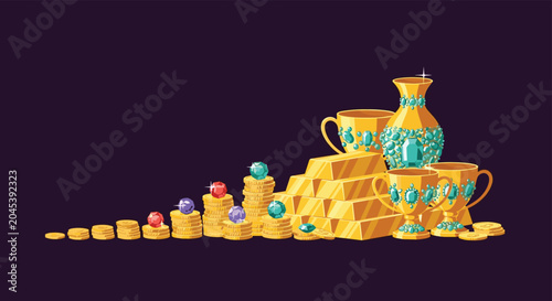Luxurious pile of shiny golden treasure featuring stacks of bars, coins, bejeweled cups, and colorful glowing gemstones.