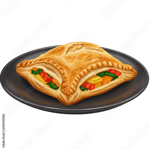 Golden brown vegetable turnover on a dark plate with visible layers baked food isolated on white background