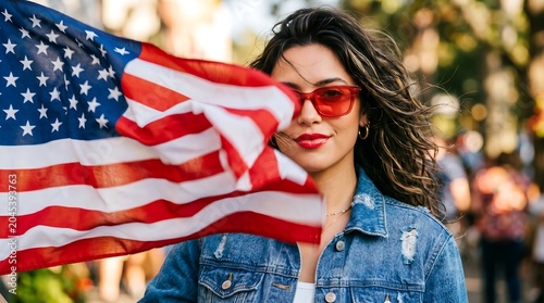 Stylish Woman with American Flag at Summer Festival