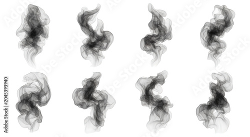 eight wispy smoke plumes isolated on a white background abstract elements for graphic design use