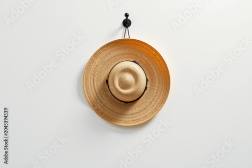 Woven straw hat hanging on a white wall with a simple metal hook.