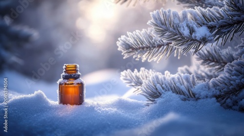 Frosty Winter Scene with Essential Oil Bottle Surrounded by Snow