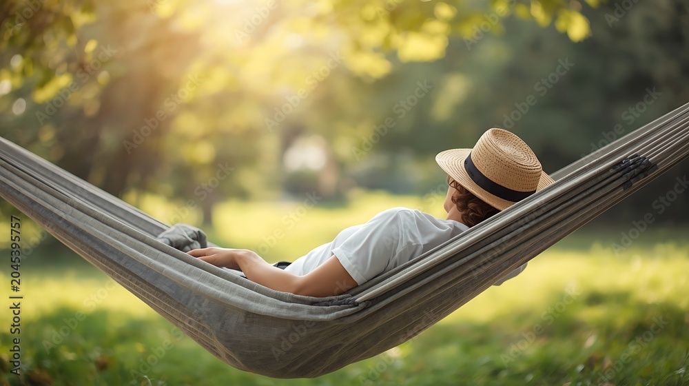 Fototapeta premium Man Relaxing in Hammock Under Trees on Sunny Day.