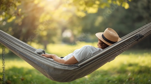 Man Relaxing in Hammock Under Trees on Sunny Day.