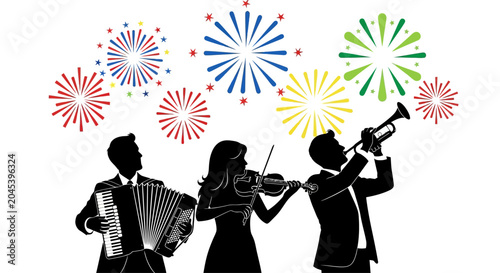 Billede på lærred Silhouettes of three musicians performing with an accordion violin and trumpet