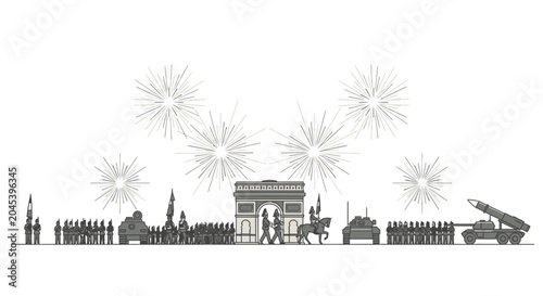 Schilderij op canvas A detailed line art illustration of the French Bastille Day military parade