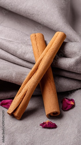 Cinnamon sticks and rose petals on gray textile background