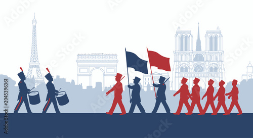 Foto A marching band procession with drummers and flag bearers in a stylized silhouette illustration