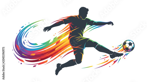 A soccer player kicking a ball with swirling colorful swashes around him in motion