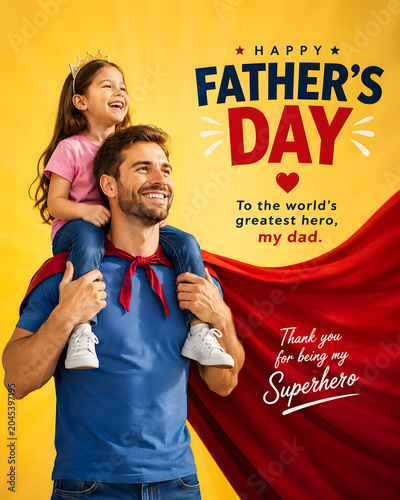 Happy Father's Day Poster with Dad in Superhero Red Cape Carrying Daughter with Tiara Crown on His Shoulders. Cheerful Family Celebrating Together on Yellow Background.