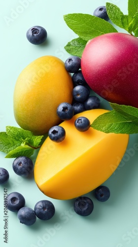 Fresh mangoes and blueberries with mint leaves on a light blue background