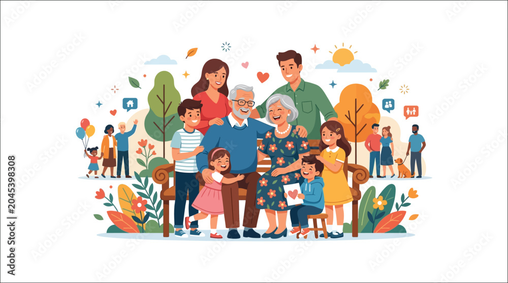 Fototapeta premium Large happy extended family spending time together in public park illustration.