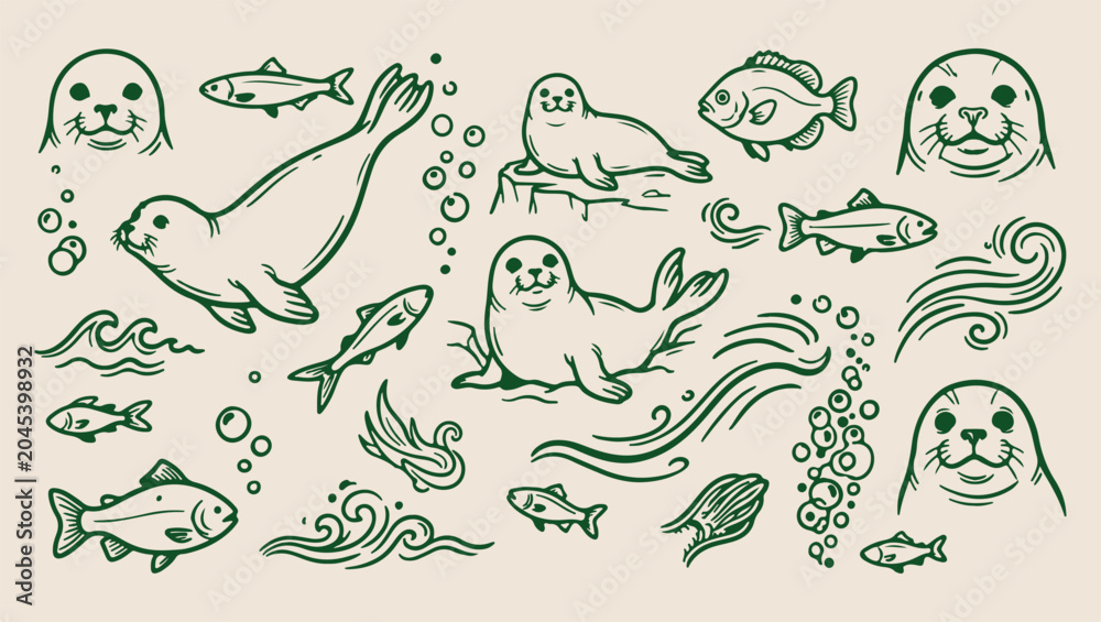 Obraz premium Seal aquatic life pattern, arctic ocean sketch, minimal animal illustration, clean wildlife art, modern nature design, isolated seal vector, premium ocean background, organic design print seal, aquati