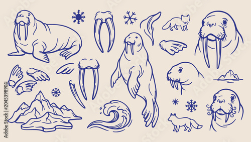 Foto Walrus arctic ocean pattern, northern marine sketch, minimal animal illustration