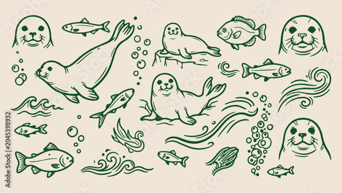 Bild auf Leinwand Seal aquatic life pattern, arctic ocean sketch, minimal animal illustration, cle