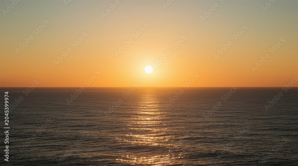 Fototapeta premium Minimalist ocean horizon sunset warm golden light calm sea reflective water serene mood