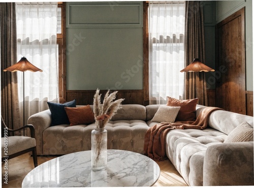 Modern sofa in living room with soft natural lighting
