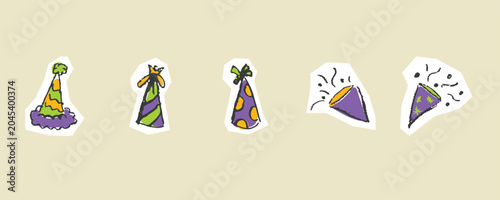 Birthday Party Hat Sketchy Doodle Vector Set Hand-Drawn Colorful Cone Hat Confetti Popper Illustration
