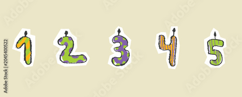 Birthday Number Candles Sketchy Doodle Vector Illustration Set Hand-Drawn Colorful Party Candle Elements